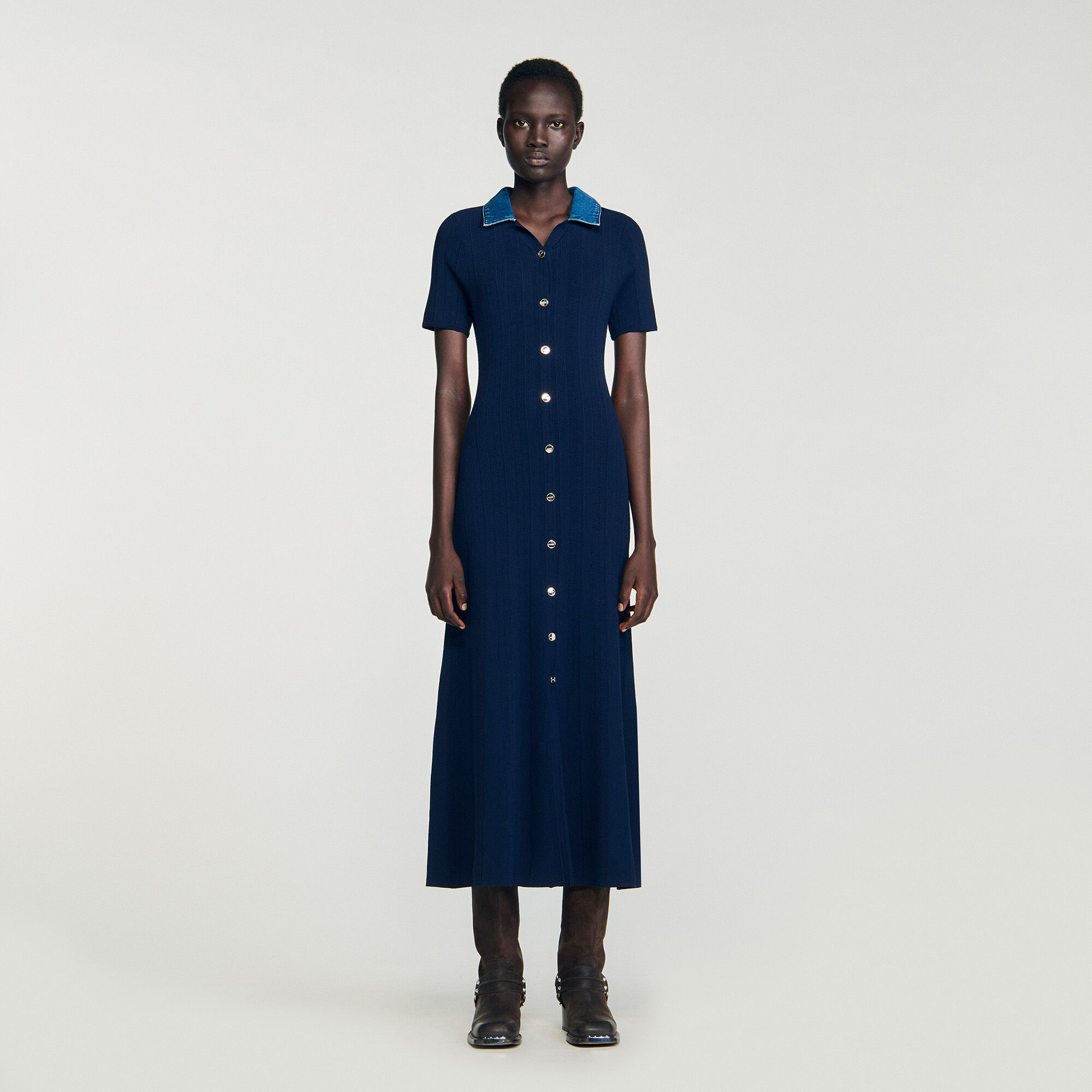 Vestido largo de punto cuello denim