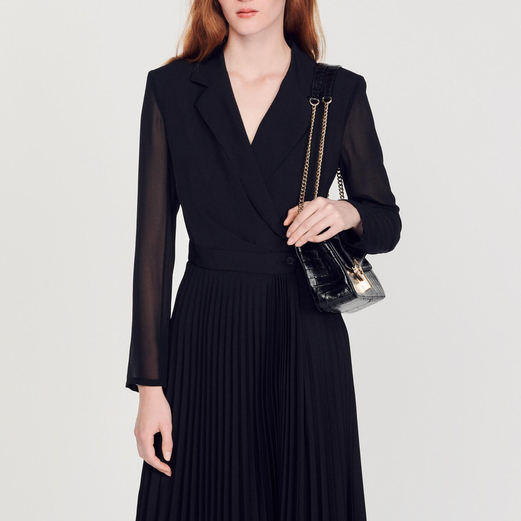 Vestido de manga larga de dos materiales - Mujer | Sandro