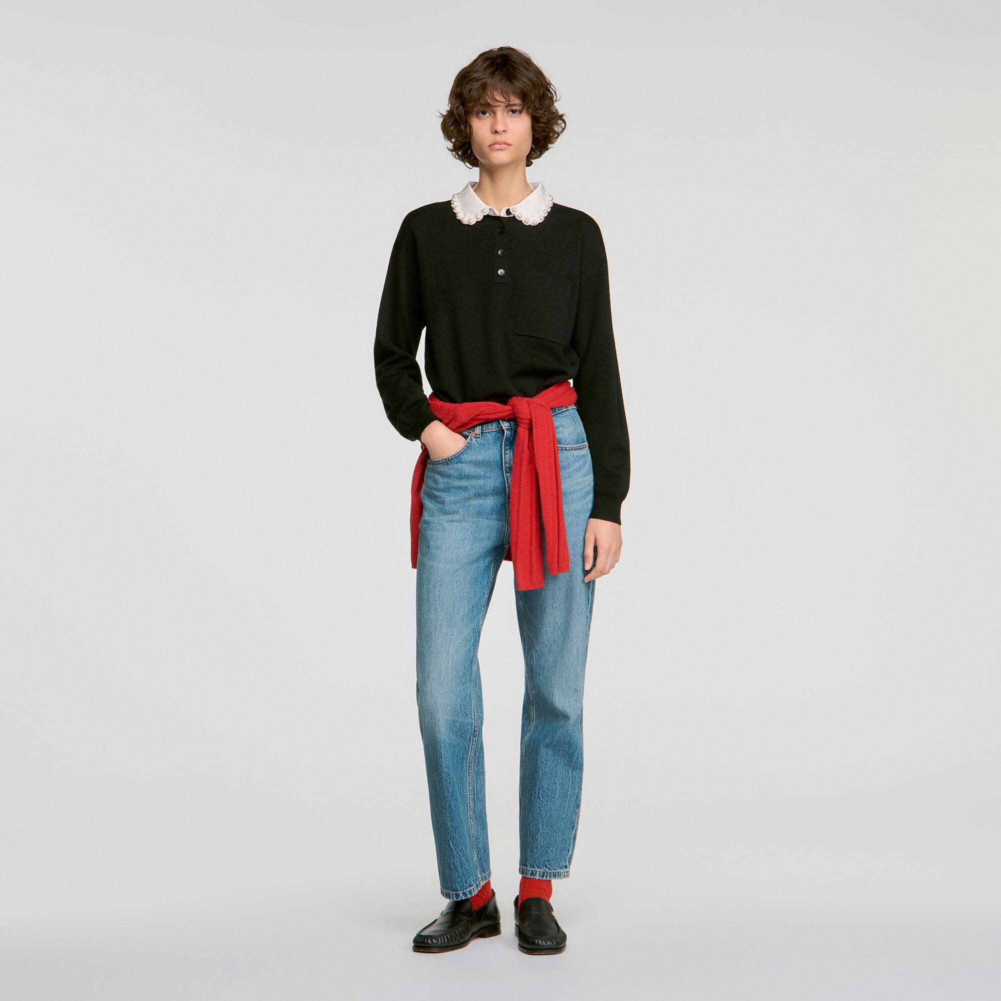 Jersey de cuello polo con perlas - Mujer | Sandro