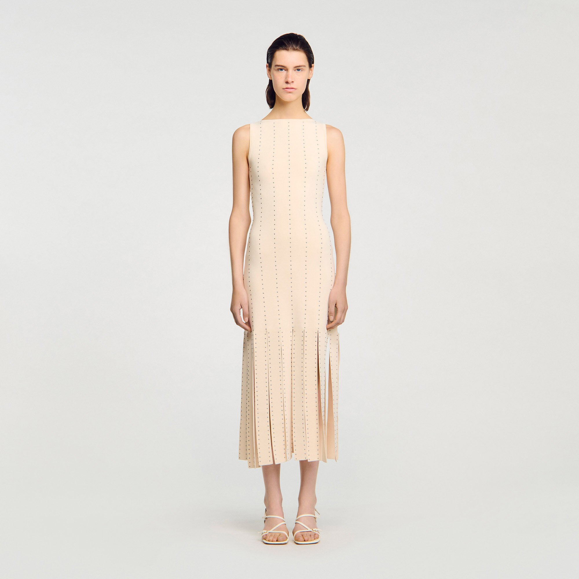 Vestido largo de punto con flecos