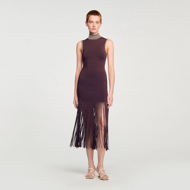 Vestido largo de punto con flecos