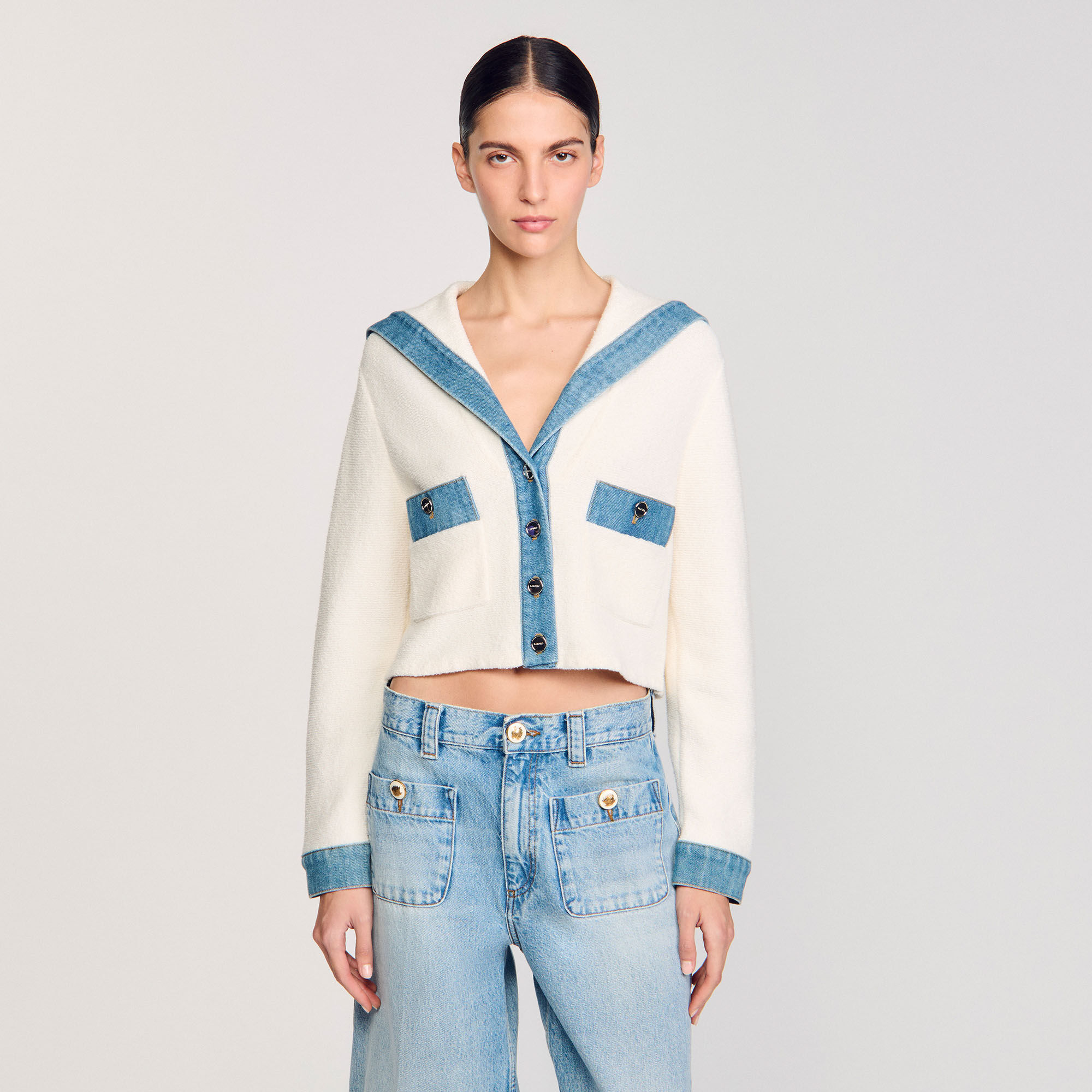 Cárdigan con detalles denim