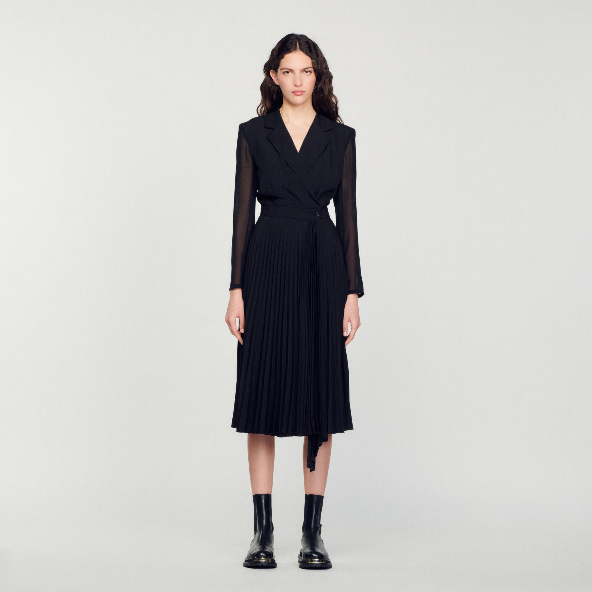 Vestido de manga larga de dos materiales negro gris para mujer Sandro Paris