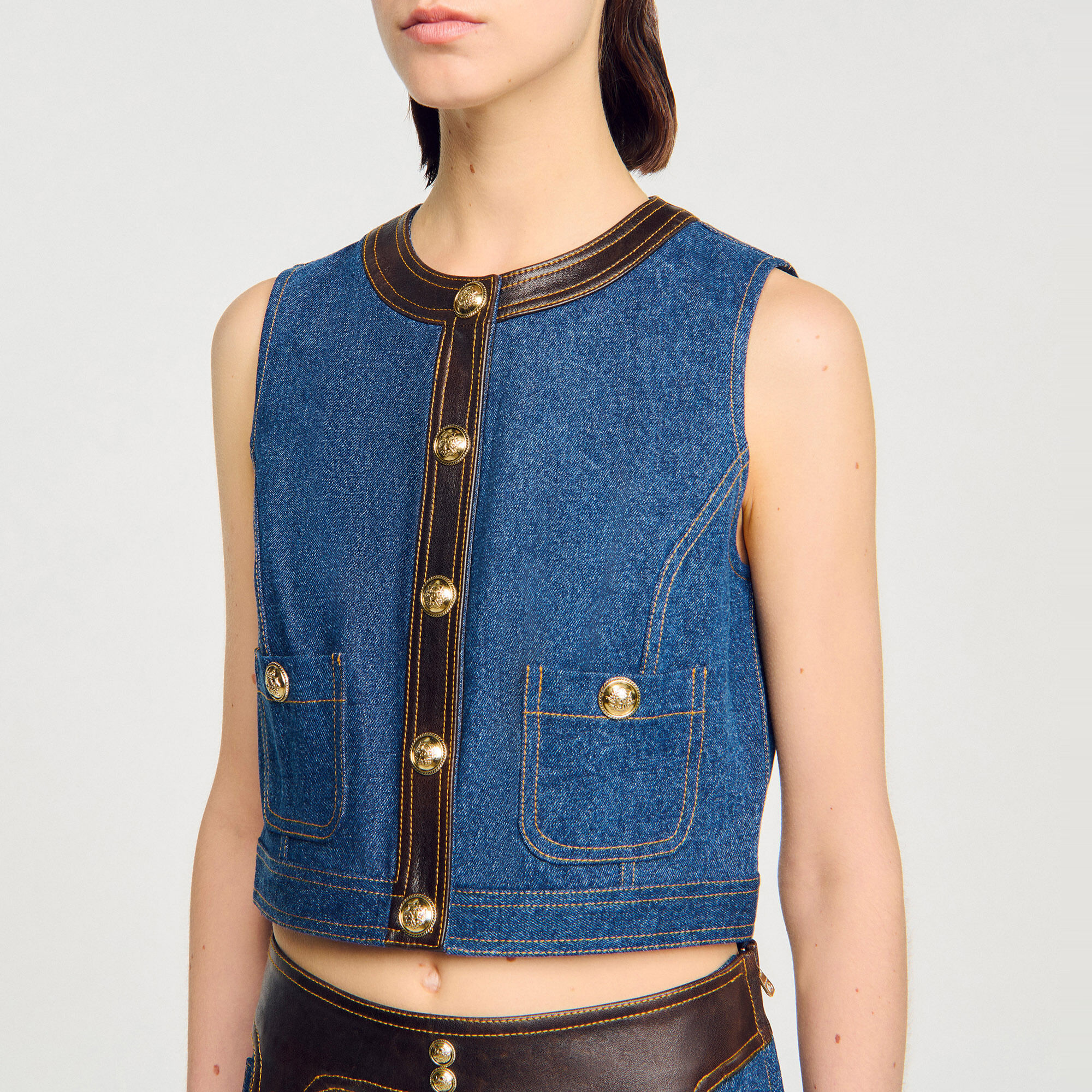 Top de denim y cuero - Mujer | Sandro