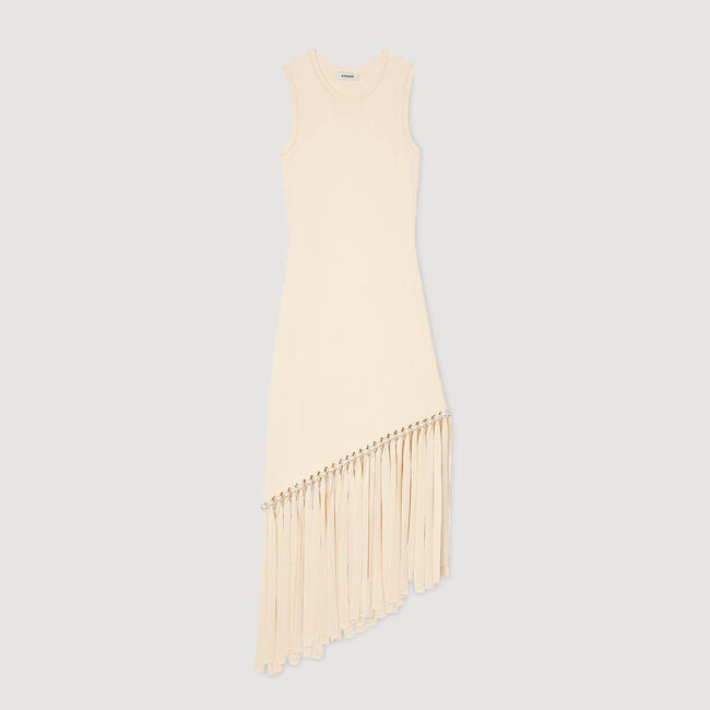 Vestido de punto con flecos y perla