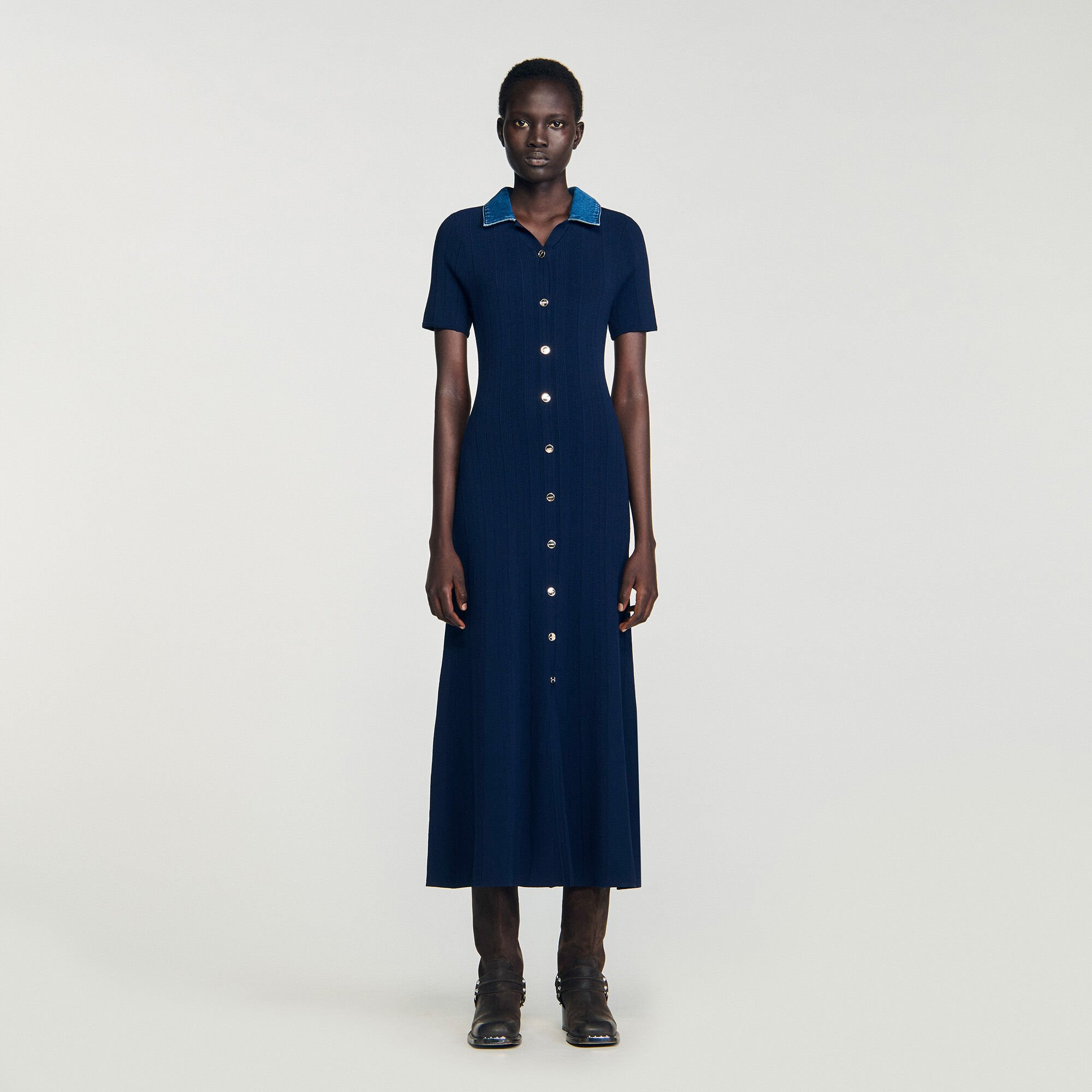 Vestido largo de punto cuello denim
