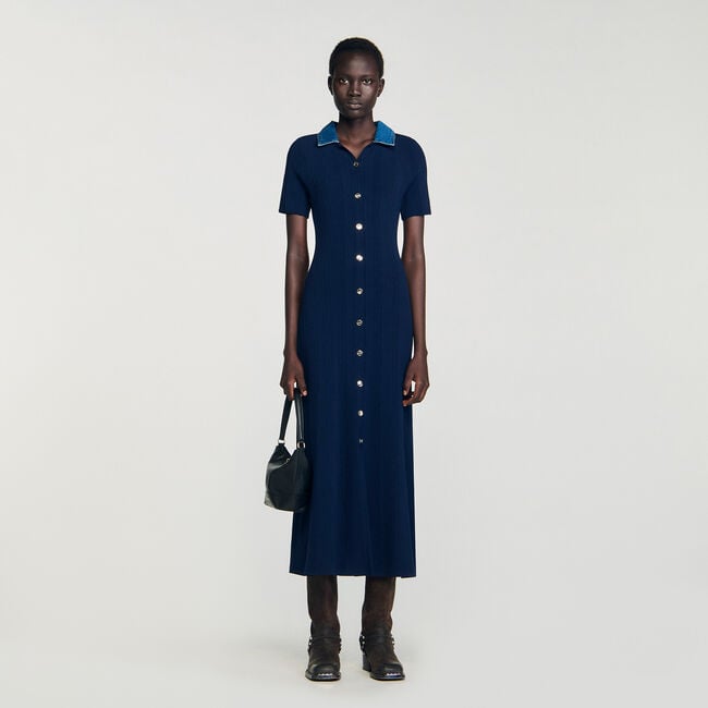 Vestido largo de punto cuello denim