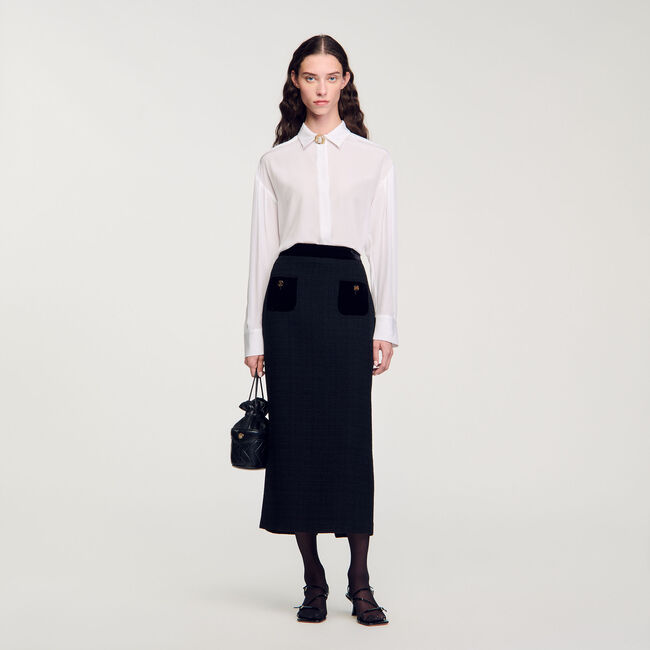 Falda larga de tweed y terciopelo