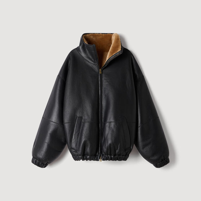 Cazadora oversize de cuero con lana