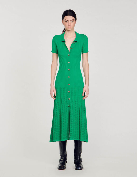 Vestido largo de punto de canalé Verde Femme