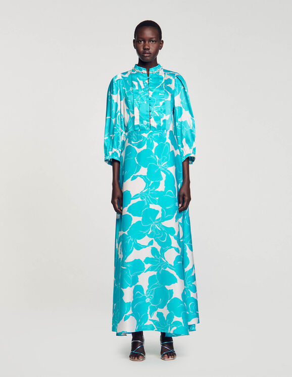 Robe longue fluide à imprimé fleuri Turquoise / Blanc Femme